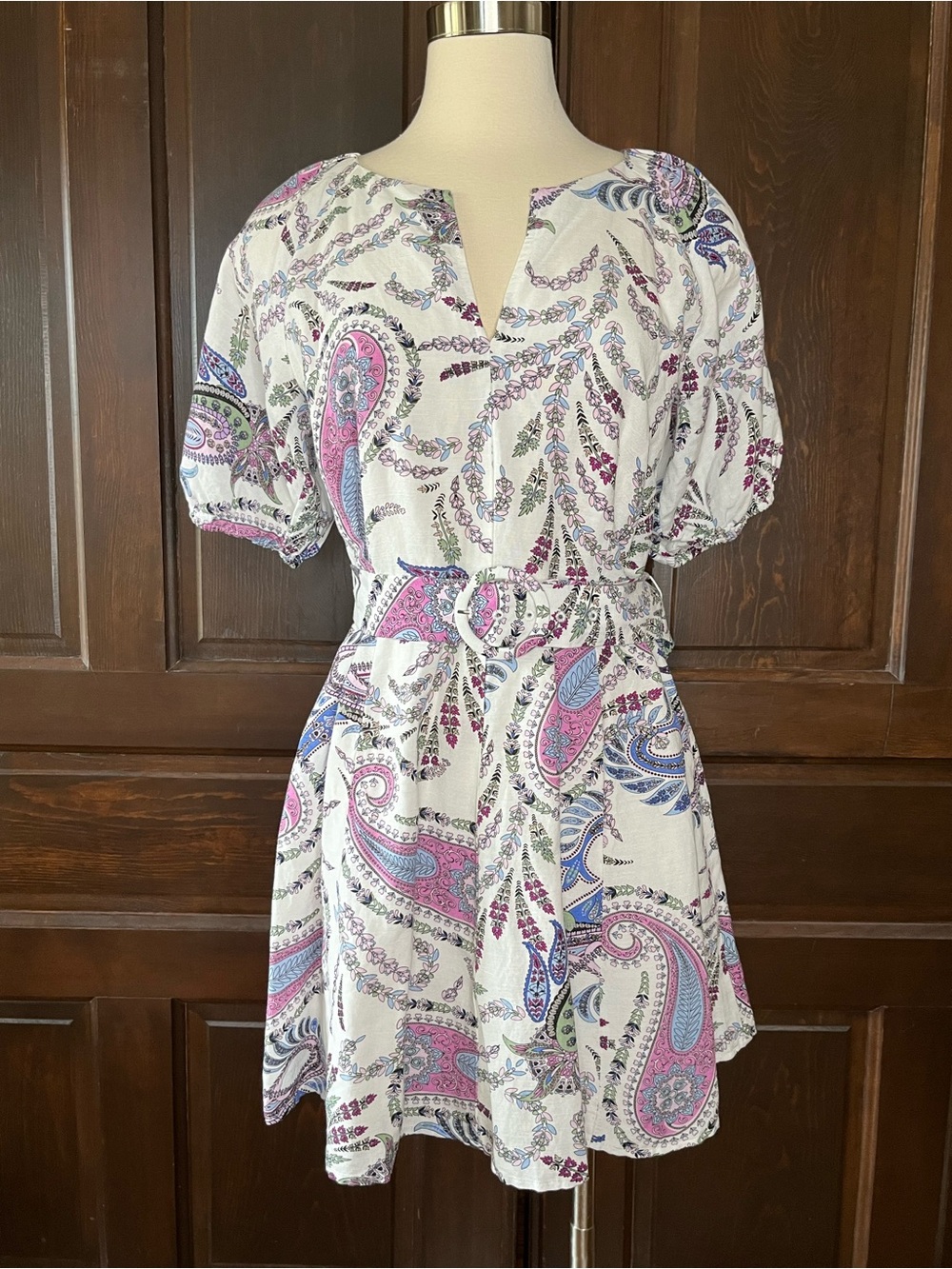 LOFT Paisley Belted Dress Linen Blend Puff Sleeve Mini White Purple Size 6 LNC
